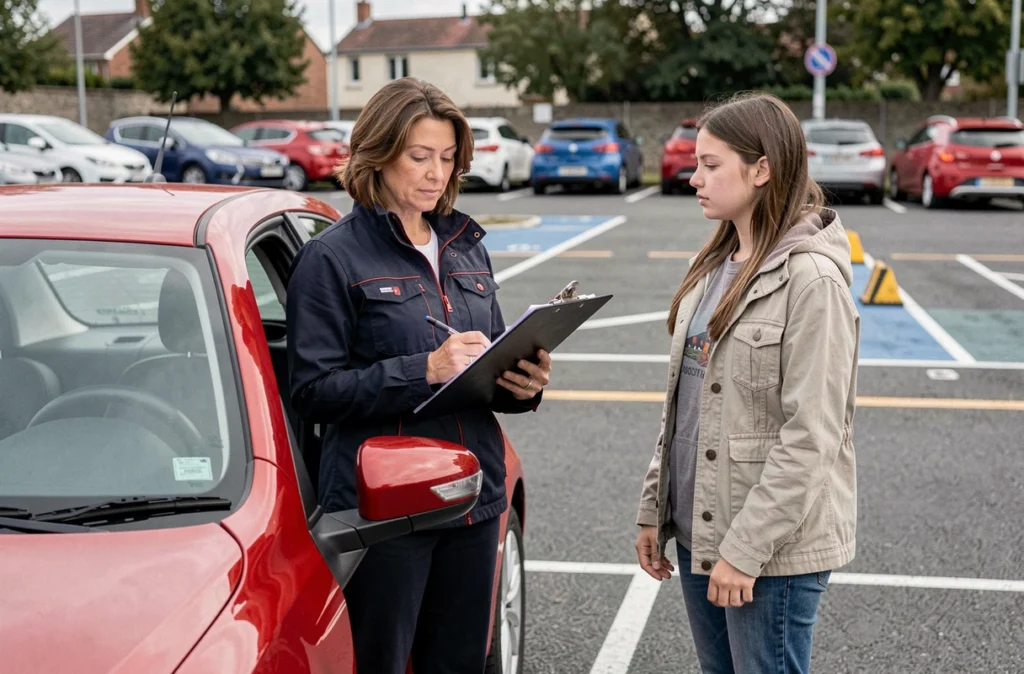 Monitrice du CER Révolution à Orléans avec une élève dans le parking d'entraînement