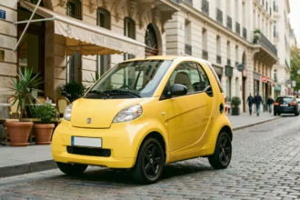 Citroën Ami compacte deux places garée dans une rue urbaine européenne pavée avec terrasse de café en arrière-plan