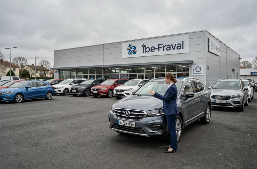 Façade multisite de Claro Automobiles en Île-de-France avec une conseillère présentant un SUV d'occasion à un client.