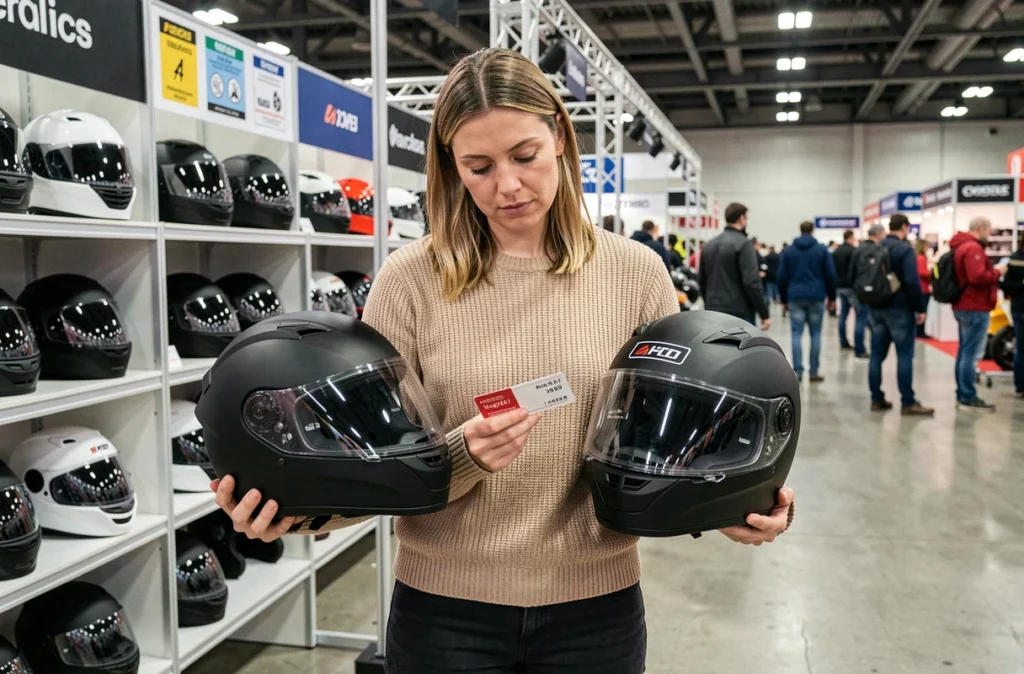 Femme comparant deux casques moto dans un stand d'équipements au Salon du 2 Roues