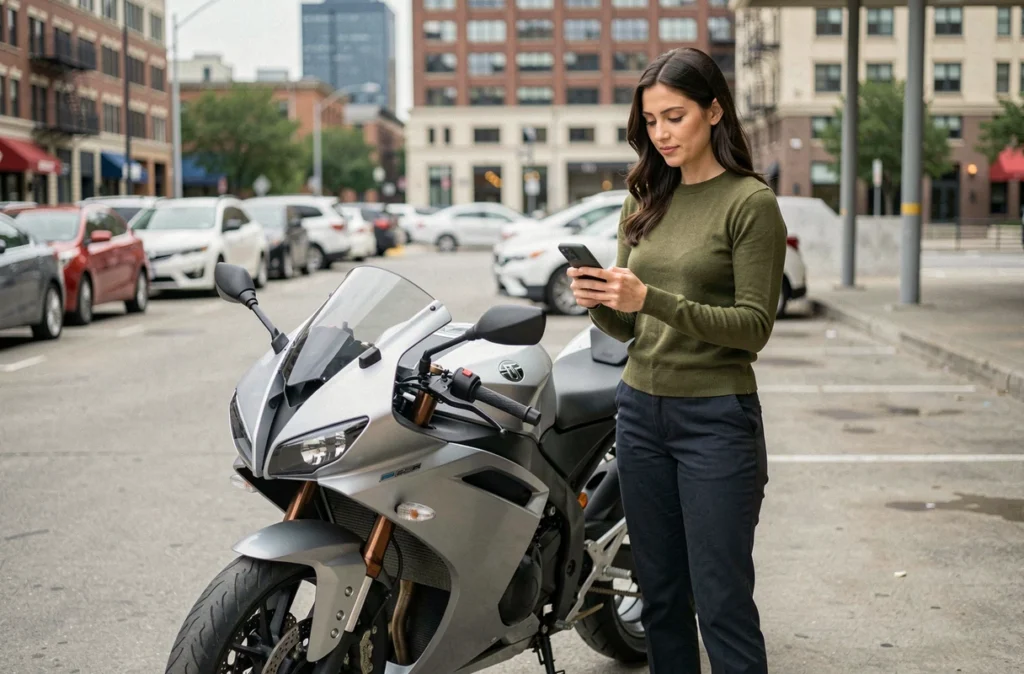 Femme comparant des devis d'assurance moto sur smartphone près de sa moto