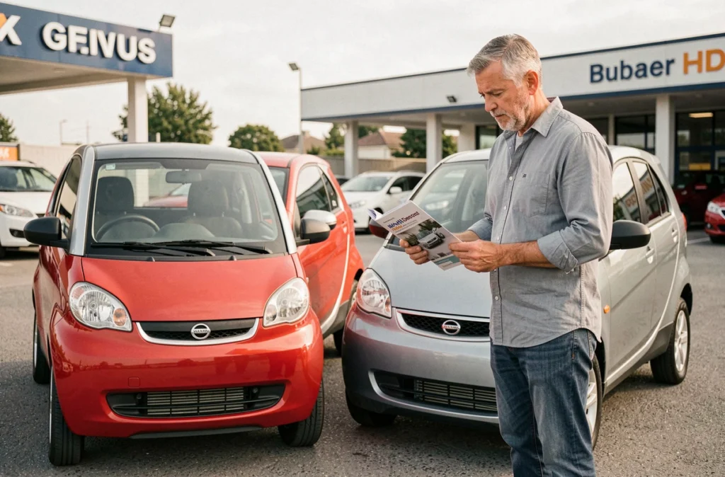 Homme comparant deux modèles de voiture sans permis 4 places dans un espace de vente en plein air