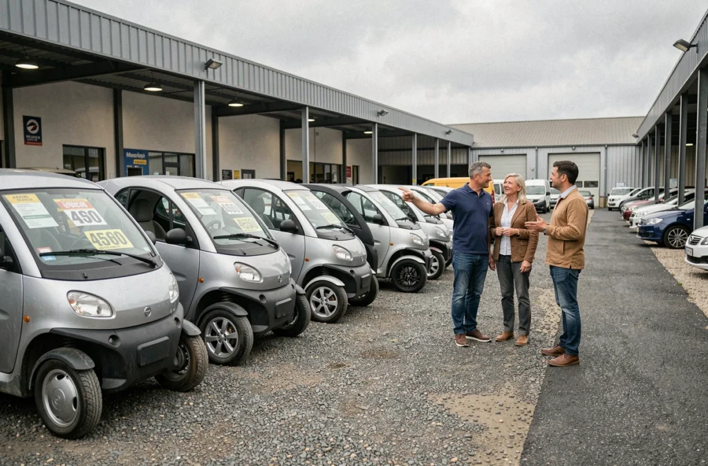 Lot de concessionnaire proposant des voitures sans permis à vendre avec des étiquettes de prix sur les pare-brises