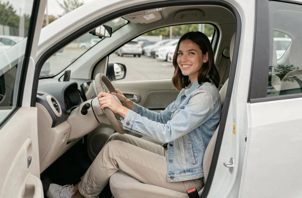 Jeune femme souriante assise au volant d'une petite voiture électrique urbaine avec intérieur minimaliste