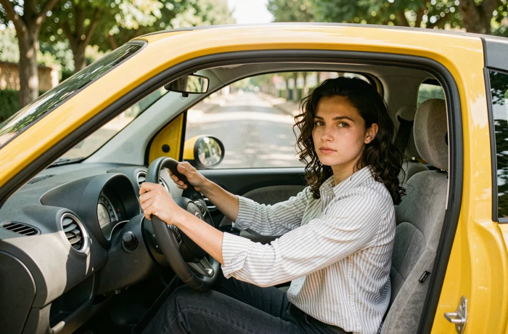 Jeune femme au volant d'une voiture sans permis jaune dans une avenue arborée près d'Albi