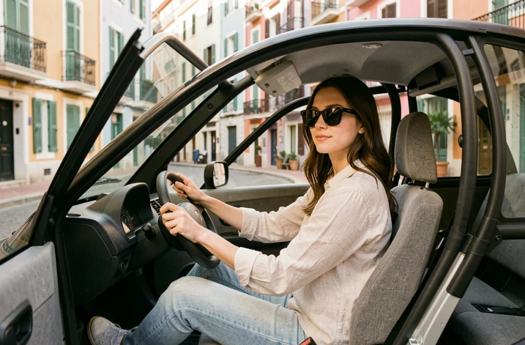 Jeune femme conduisant une voiture sans permis dans une rue du vieux Nice, détendue et souriante