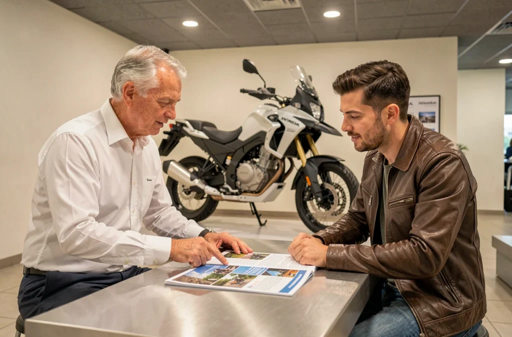 Vendeur et client discutant des formules d'assurance pour une Honda Africa Twin en concession