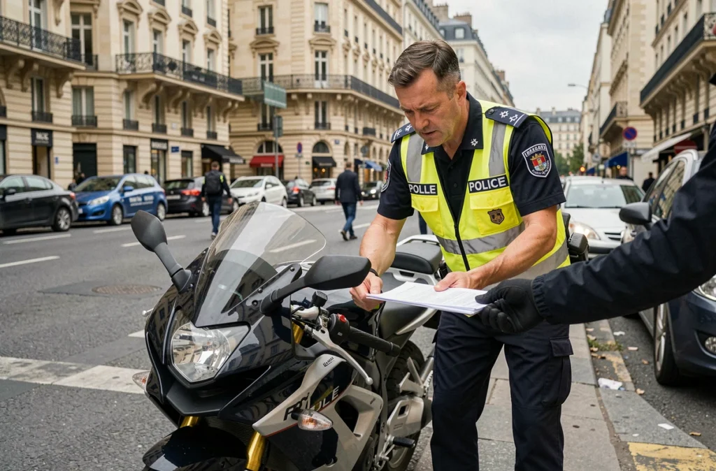 Policier vérifiant les documents d'assurance d'un motard lors d'un contrôle routier