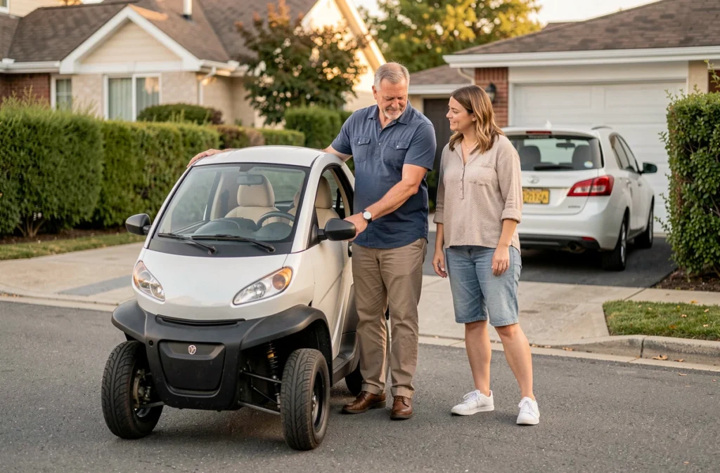 Couple adulte examinant une petite voiture électrique quadricycle dans une rue résidentielle en comparaison avec une voiture familiale