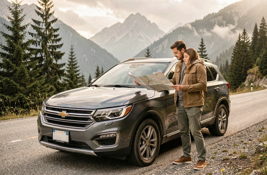 Couple planifiant un road trip en montagne debout près d'un SUV gris, évoquant les besoins de mobilité et d'espace d'un véhicule polyvalent comme le Toyota