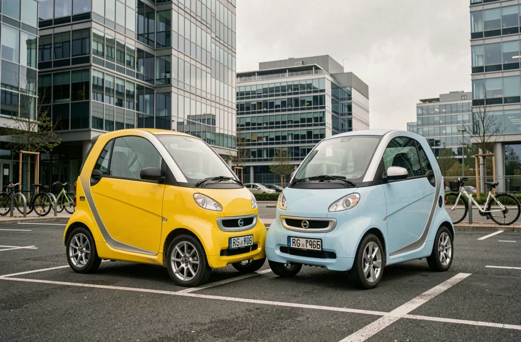 Deux petites voitures électriques urbaines côte à côte dans un parking moderne avec immeubles en verre en arrière-plan