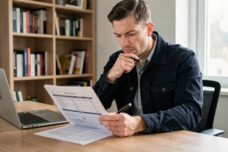 Homme consultant un devis d'assurance moto à son bureau à domicile