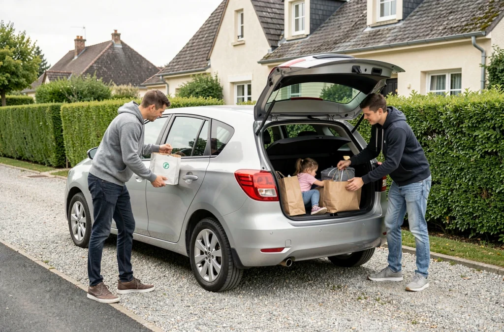 Famille de quatre personnes chargeant les bagages dans une voiture sans permis 4 places devant une maison