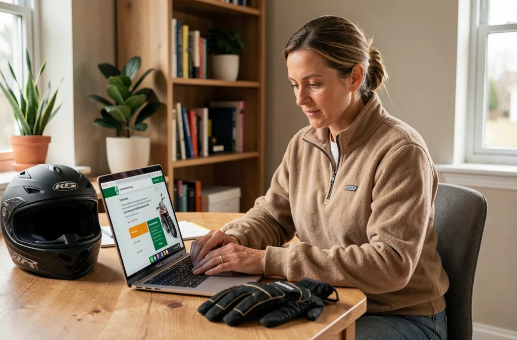 Femme comparant des offres d'assurance moto trail sur son ordinateur portable avec un casque posé sur le bureau