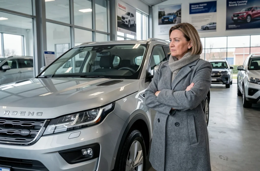 Femme examinant un grand SUV dans une concession automobile, représentant la démarche d'achat d'un véhicule familial de type Toyota