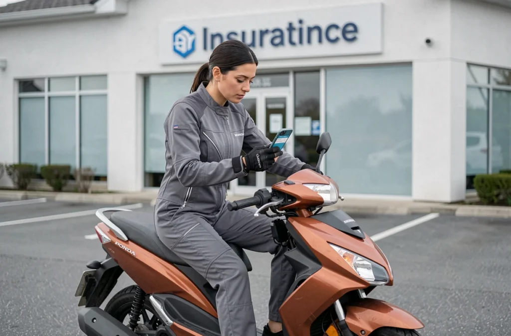Femme sur scooter Honda Forza 350 comparant des formules d'assurance moto sur smartphone