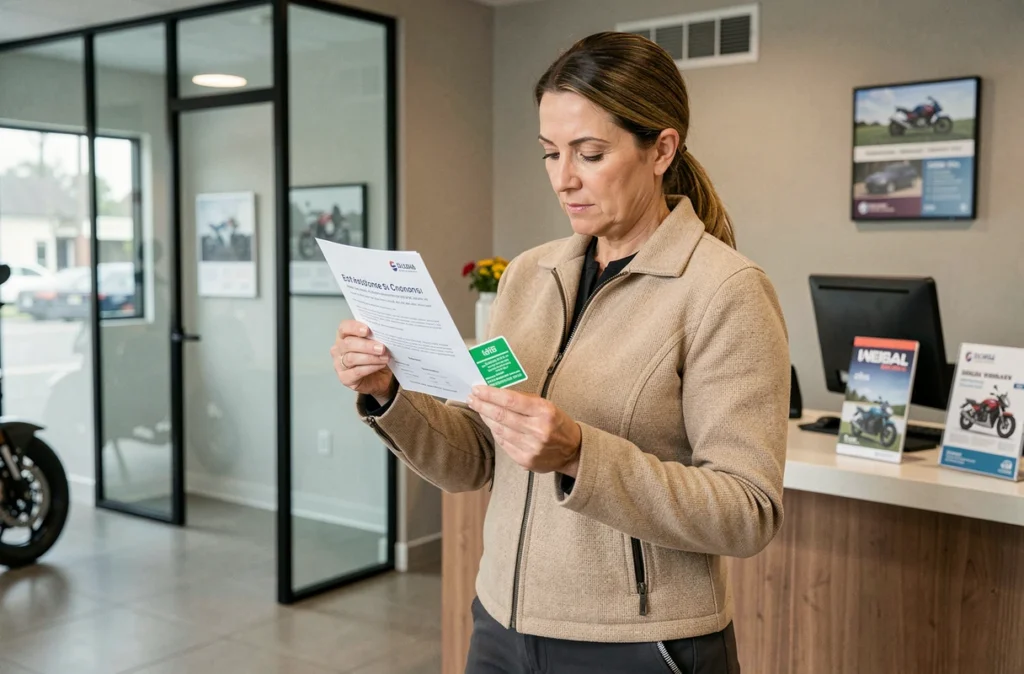 Femme motarde tenant une vignette d'assurance moto dans un bureau d'assurance