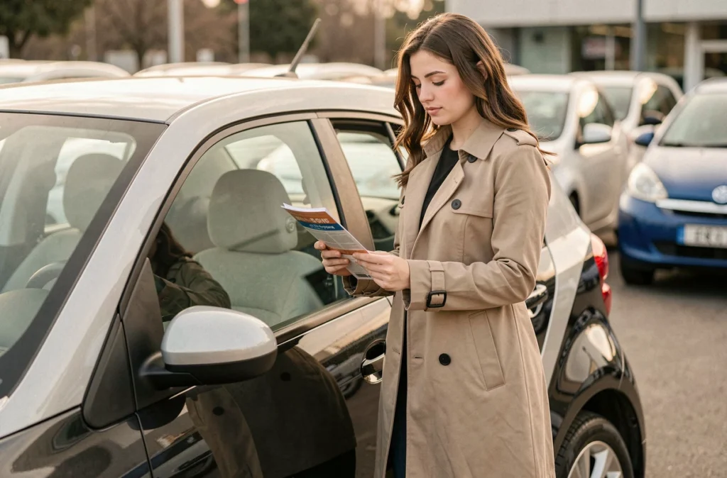 Jeune femme consultant un brochure de prix devant une voiture sans permis chez un concessionnaire