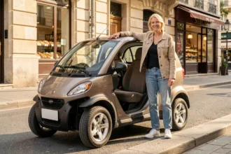 Femme debout à côté d'une voiture sans permis 4 places garée en ville, portière ouverte, vue trois quarts