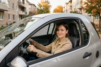 Femme au volant d'une voiture sans permis garée dans une rue résidentielle
