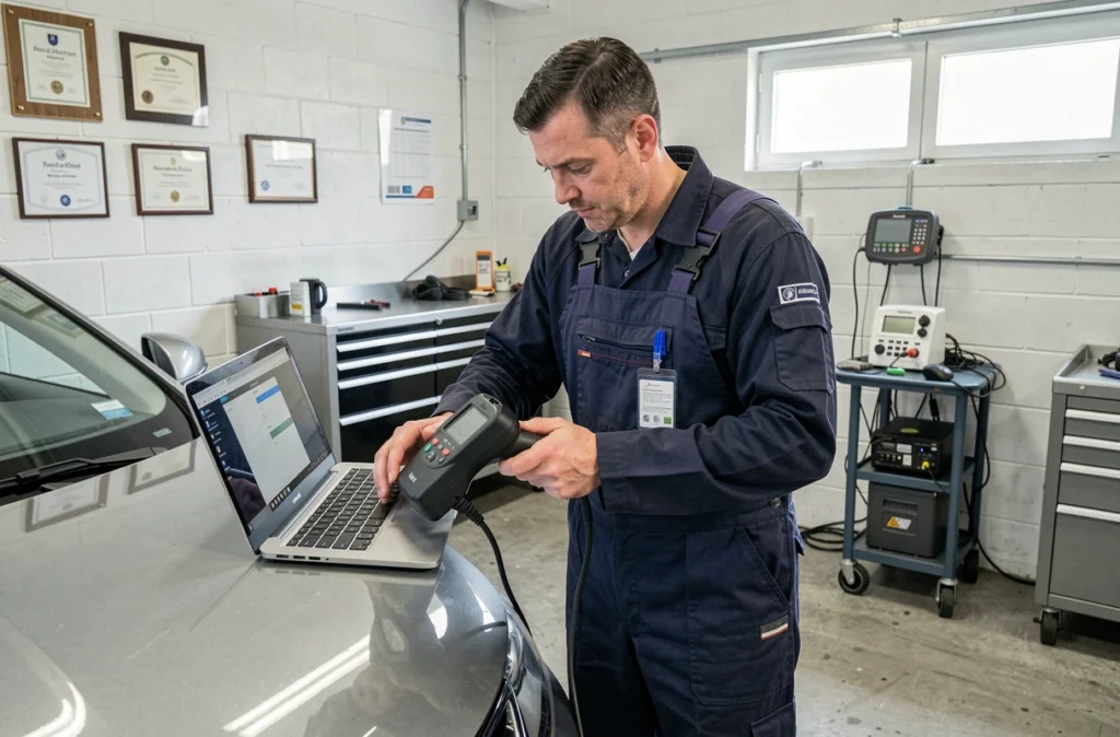 Mécanicien réalisant un diagnostic électronique sur véhicule au Garage ABZ Francis, mécanique générale
