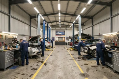 Vue panoramique de l'intérieur d'un garage automobile professionnel dans le Pas-de-Calais avec mécaniciens au travail