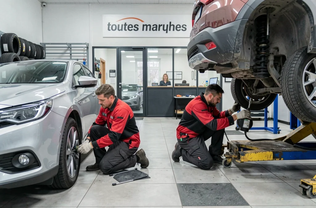 Deux mécaniciens travaillant sur des véhicules toutes marques au Garage de la Jumelle