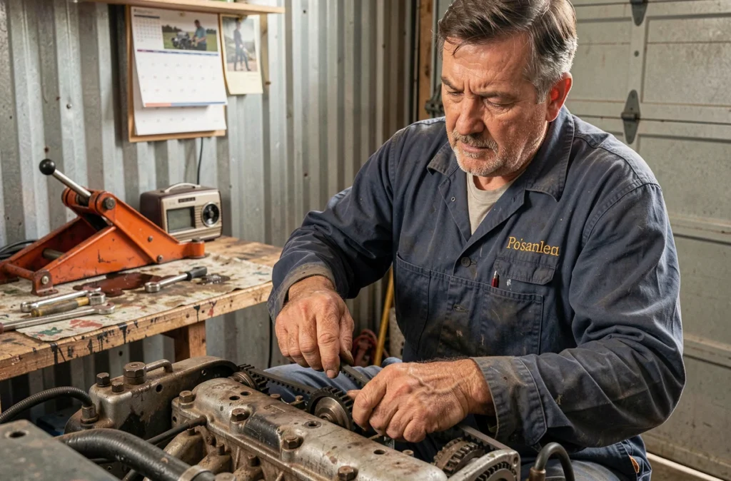 Artisan mécanicien Alain Dufour remplaçant une courroie de distribution dans son garage