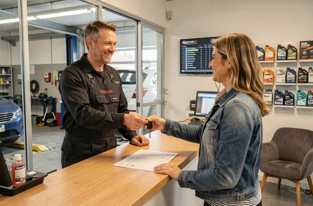 Propriétaire du Garage Marcotte remettant les clés à une cliente satisfaite après réparation