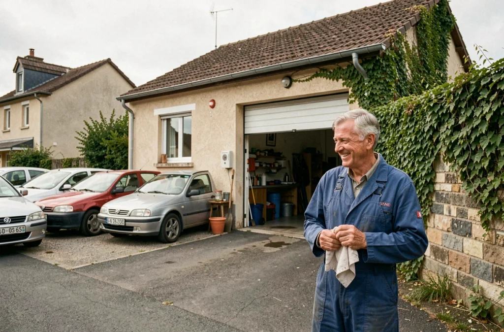 Façade d'un garage indépendant dans le Val-d'Oise avec un mécanicien en bleu de travail et quelques véhicules d'occasion sur le parvis.
