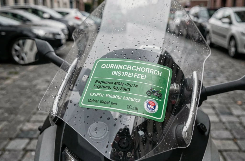 Gros plan sur une vignette d'assurance moto verte collée sur un pare-brise de moto