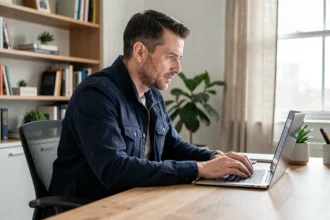 Homme consultant des résultats de recherche sur un laptop dans un bureau à domicile moderne, illustrant la recherche en ligne d'un véhicule Toyota