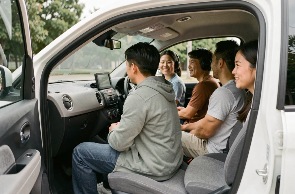 Intérieur d'une voiture sans permis 4 places avec deux adultes à l'avant et deux passagers à l'arrière