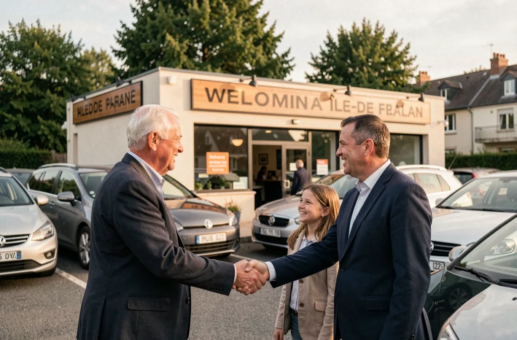 Concession de Jean Lain Occasions en Île-de-France avec un manager accueillant une famille sur un parvis soigné.