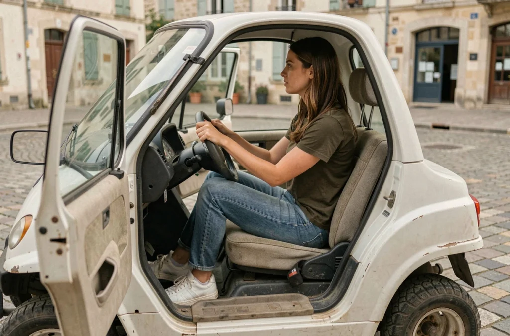 Jeune femme au volant d'une voiture sans permis d'occasion inspectant l'habitacle avant achat