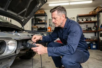 Mécanicien connectant un scanner OBD2 au port de diagnostic d'un véhicule dans un garage professionnel