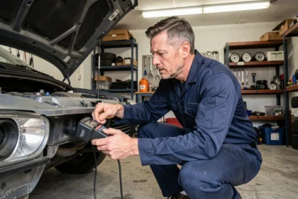 Mécanicien connectant un scanner OBD2 au port de diagnostic d'un véhicule dans un garage professionnel