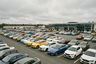 Vaste parking d'un concessionnaire de voitures d'occasion en Île-de-France avec des dizaines de véhicules alignés devant un showroom moderne.