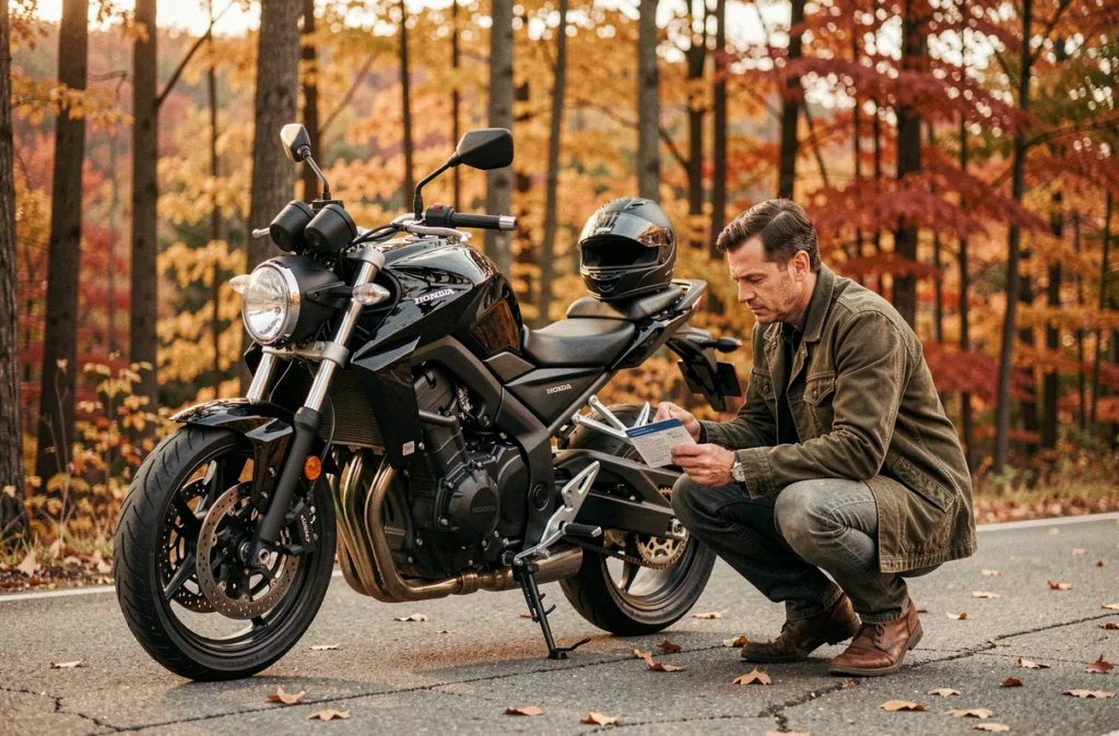 Motard vérifiant son attestation d'assurance moto Honda CB1000R en bord de route automnal