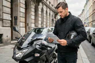 Motard Honda CB500F consultant son contrat d'assurance moto sur trottoir urbain