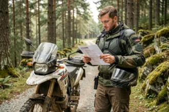 Motard trail en équipement complet consultant son contrat d'assurance moto à côté de sa moto tout-terrain dans une forêt
