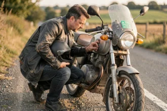 Motard examinant la vignette d'assurance apposée sur sa moto garée en bord de route