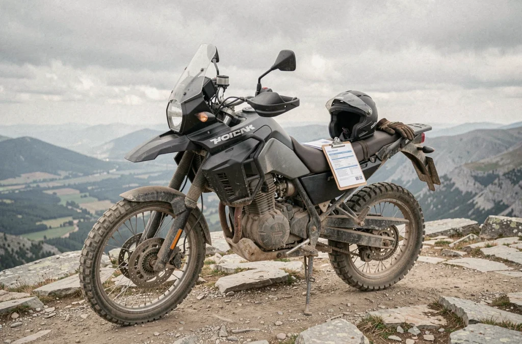 Moto trail garée sur un plateau montagneux avec documents d'assurance posés sur la selle, vue grand angle
