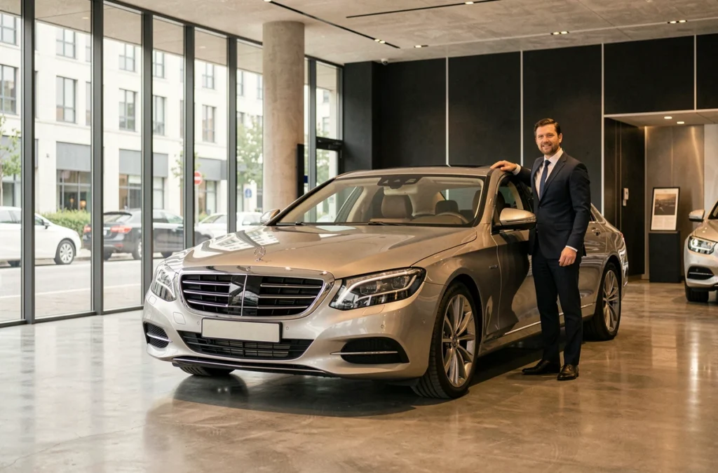 Showroom intérieur haut de gamme de Neubauer présentant des véhicules premium sur sol poli avec un vendeur en costume sombre.