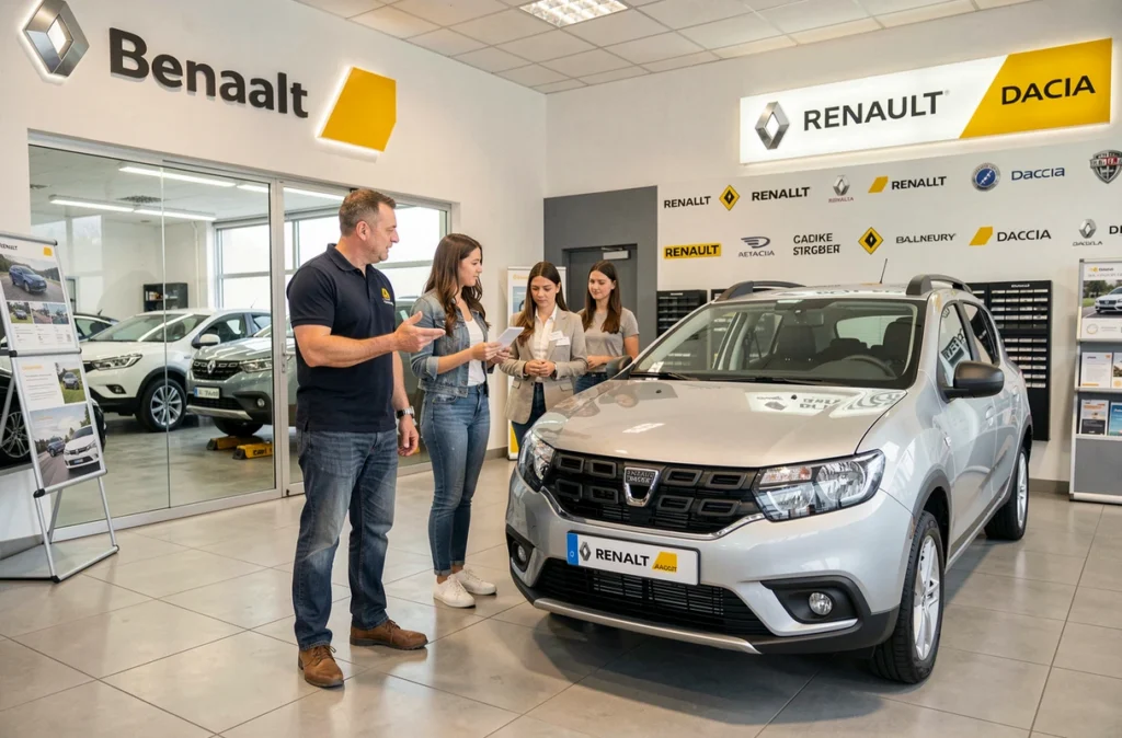 Agent Renault Dacia Crignon Fabrice présentant un véhicule à des clients dans sa concession à Beuvry