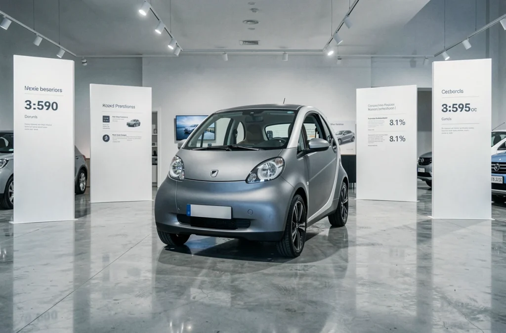 Voiture sans permis exposée dans un showroom moderne avec panneaux de prix et fiches techniques