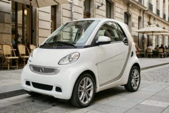 Petite voiture sans permis de type Smart garée en centre-ville européen, vue trois quarts avant sur trottoir urbain