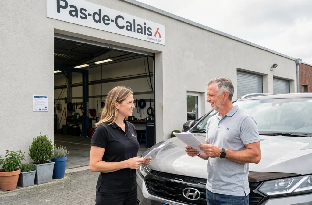 Conseillère et client discutant d'une prestation au SRM2P, garage spécialisé dans le Pas-de-Calais