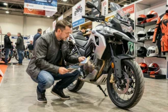 Visiteur examinant attentivement une moto adventure au Salon du 2 Roues de Lyon