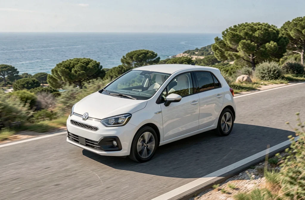 Voiture sans permis blanche 4 places en mouvement sur une route côtière méditerranéenne